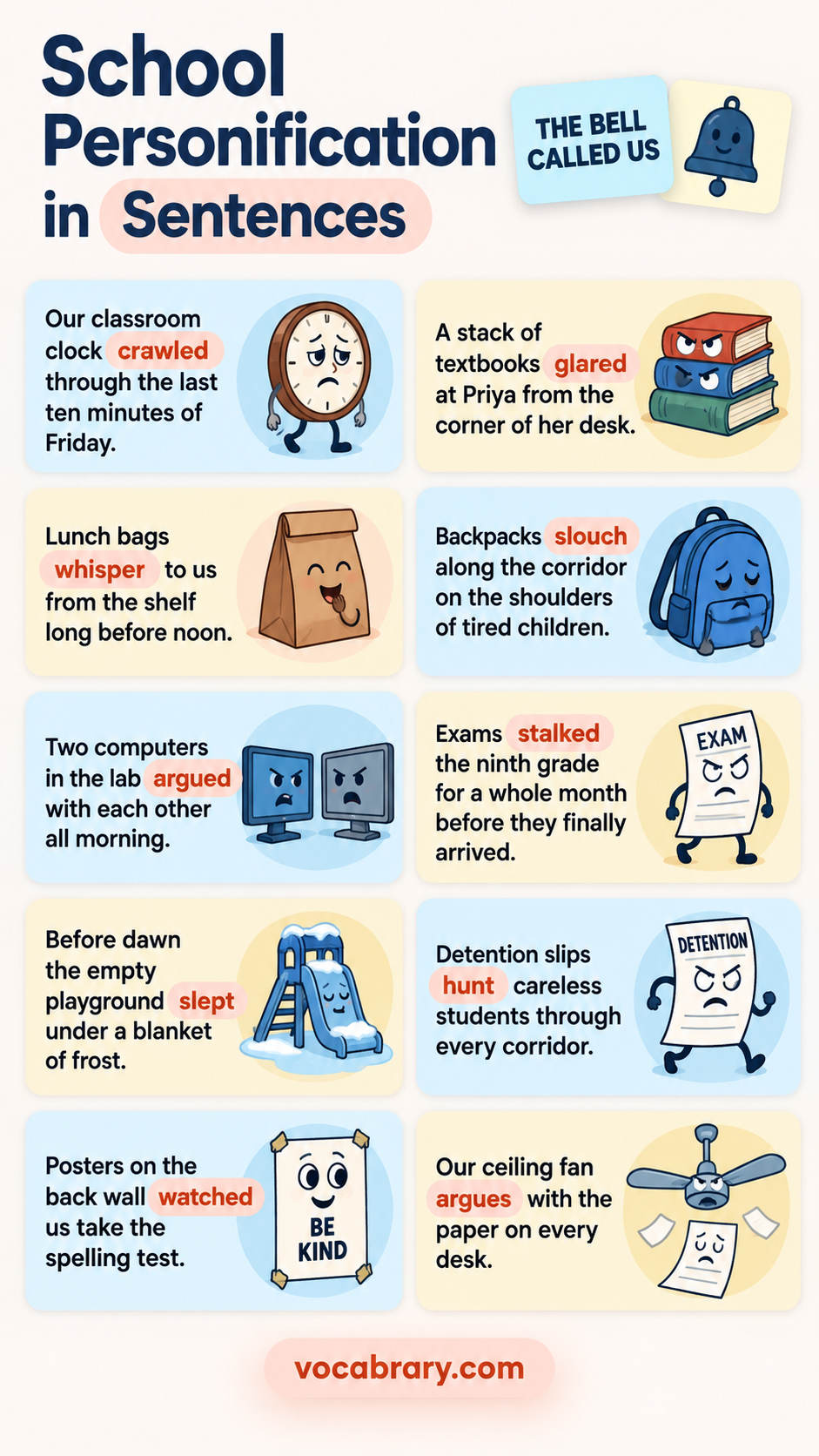 personification examples about school with personified phrase usage in sentences using crawled, glared and others