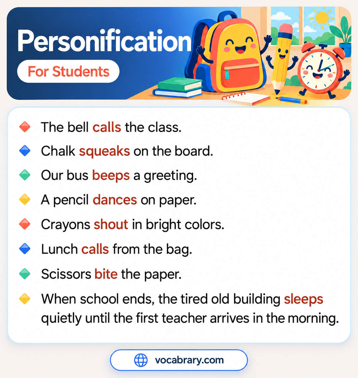 Personification for Students with a pencil that dances, scissors that bite, and chalk that squeaks, such as Our bus beeps a greeting