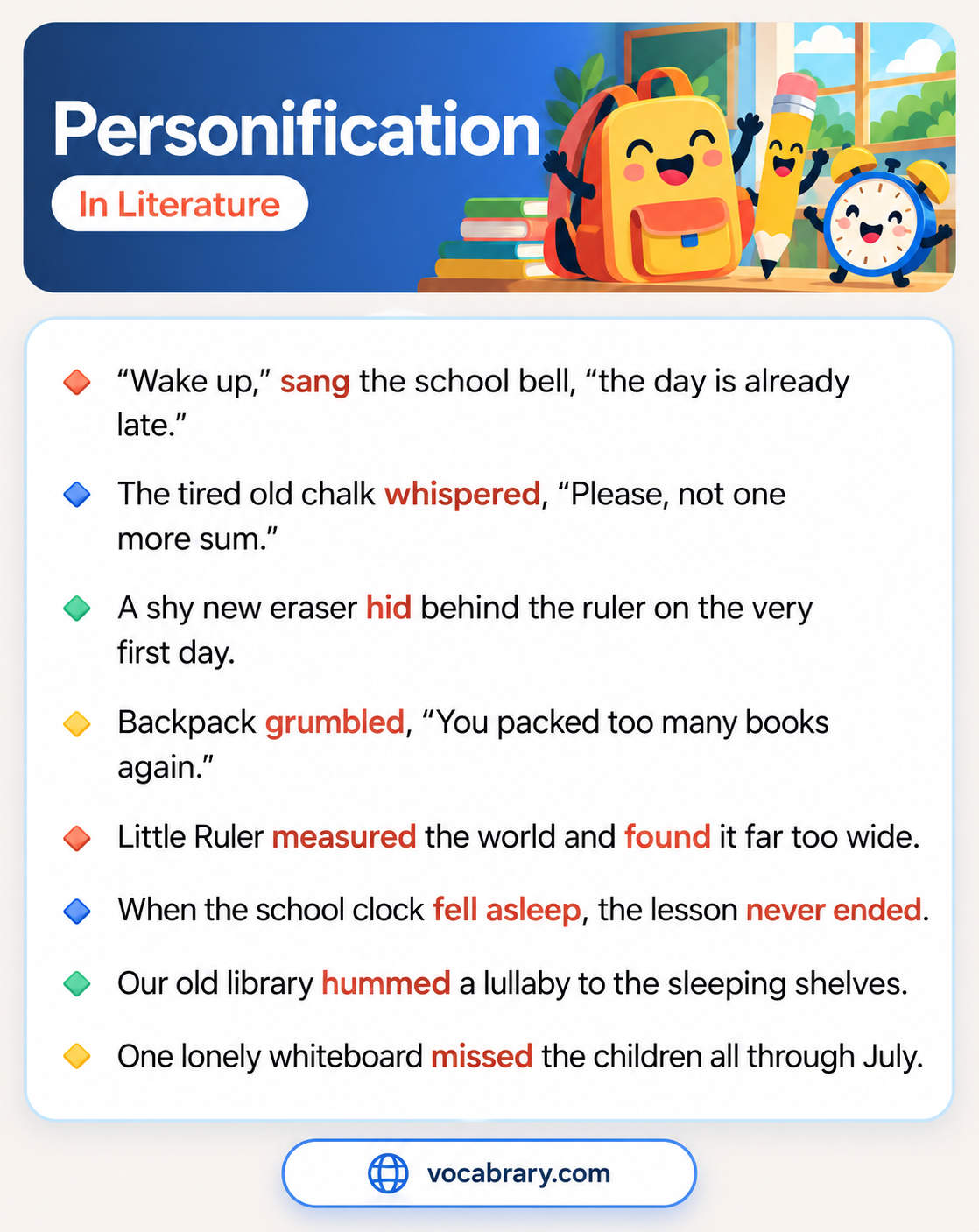 Personification in Literature with a singing school bell, whispering chalk, a hiding eraser, and a grumbling backpack, such as The tired old chalk whispered