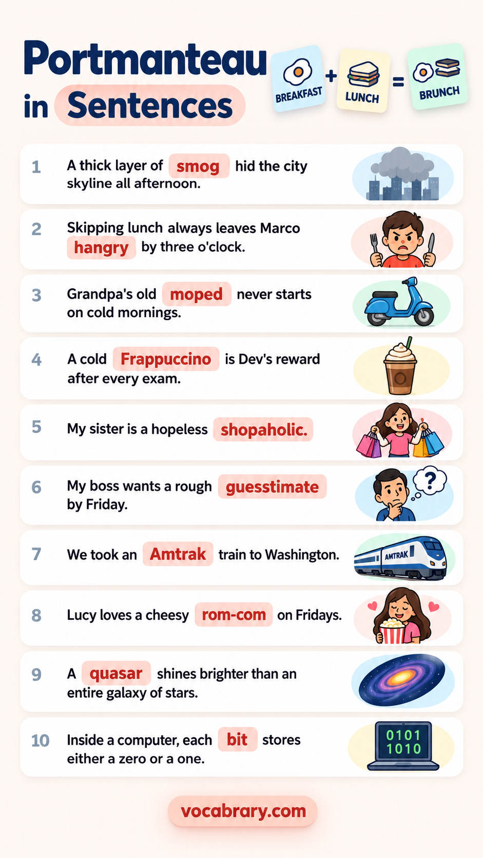 portmanteau examples in sentences with words like smog, hangry, moped for English learners