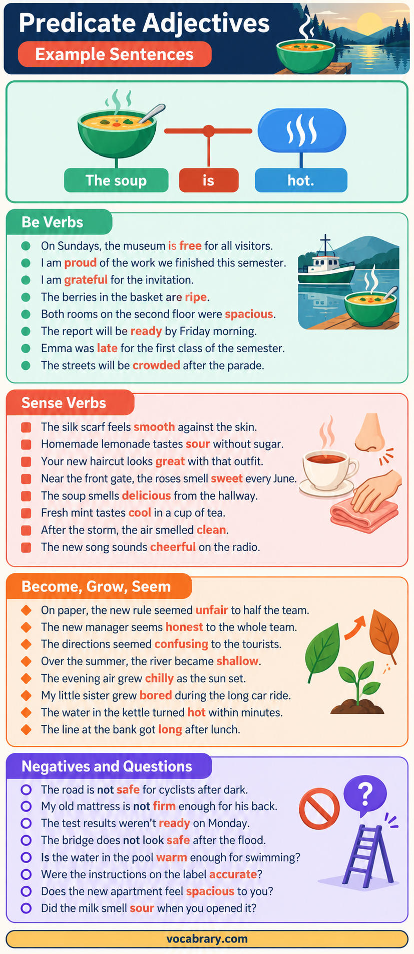 Predicate Adjective Example Sentences place adjectives after linking verbs, as in The soup is hot.
