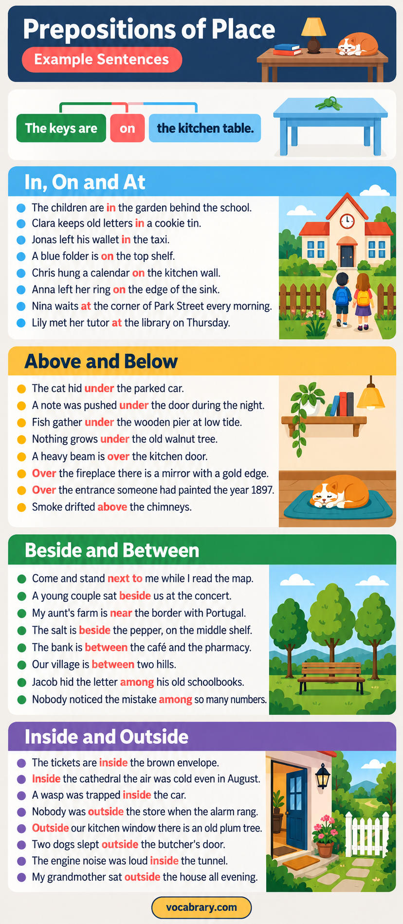 Prepositions of Place Example Sentences use on, in, at, above, and beside to locate objects, such as keys on a table.