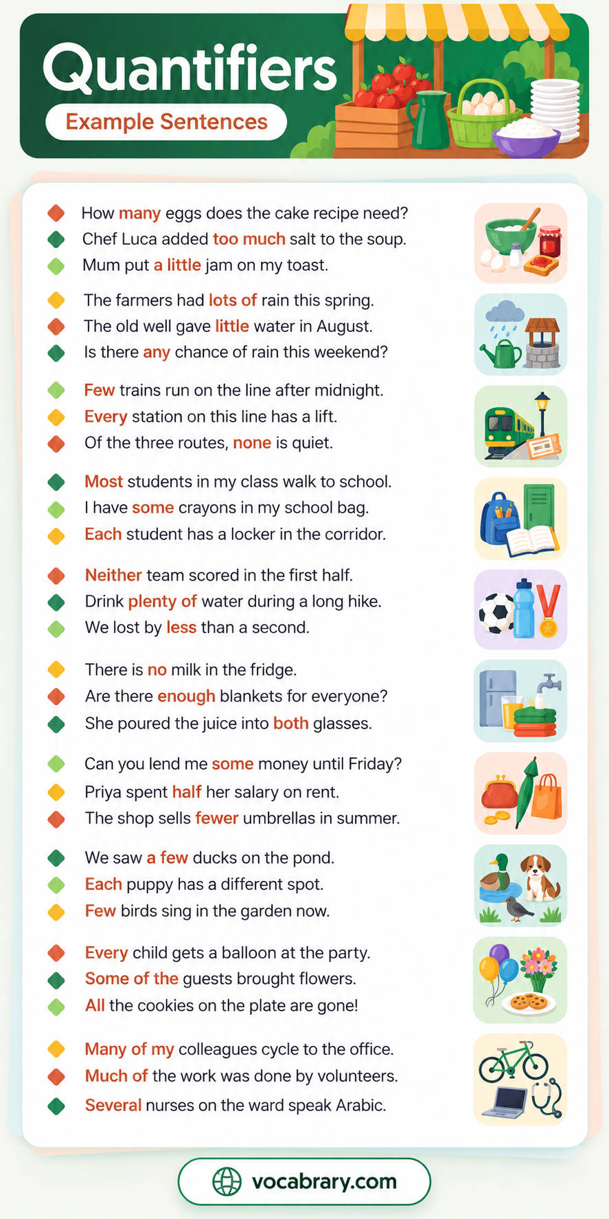 Quantifiers example sentences from a kitchen, a farm, a football pitch and a ward, with too much, lots of and several.