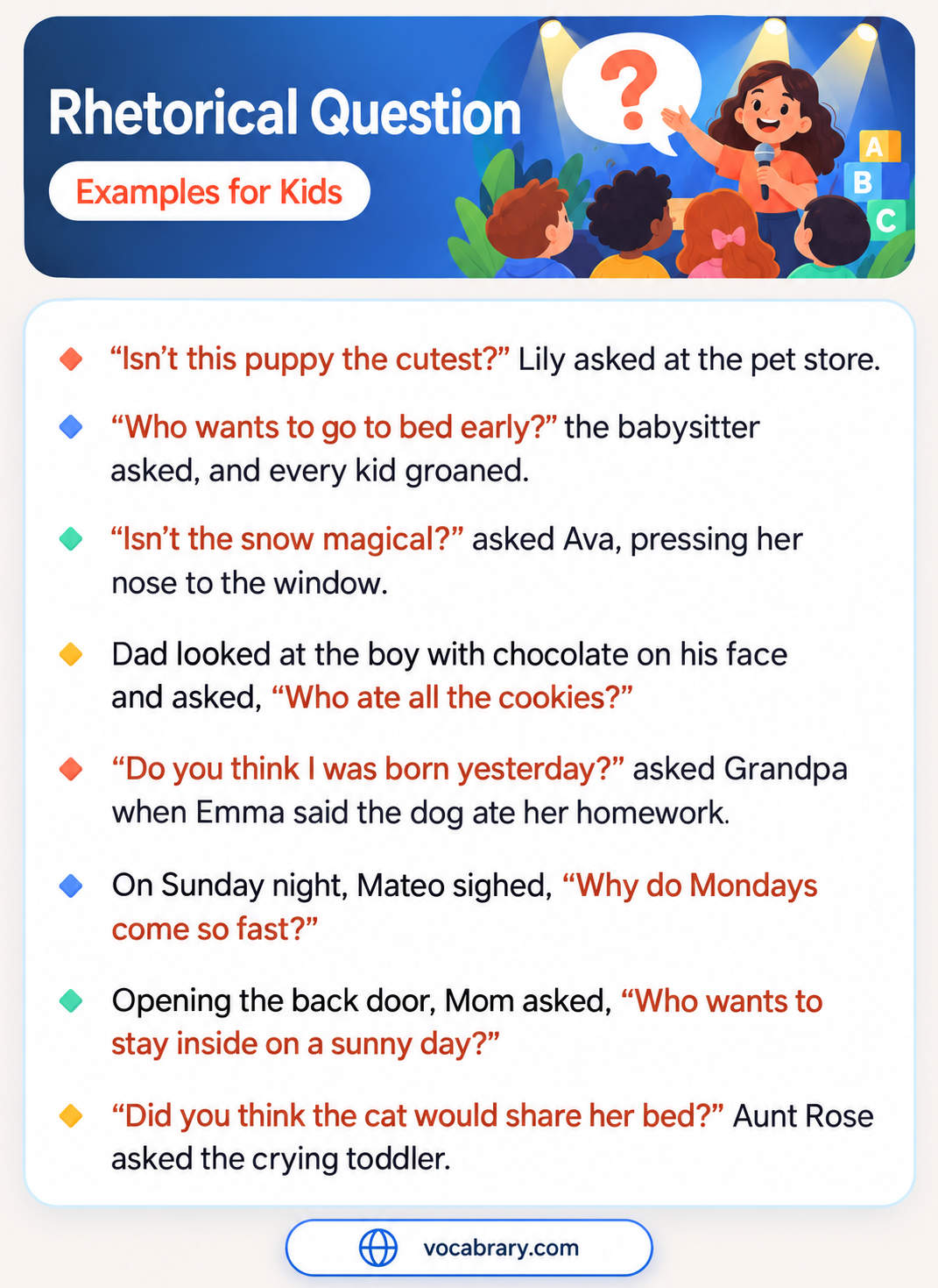 Rhetorical Question Examples for Kids with a puppy, snow, cookies, and Mondays, such as Why do Mondays come so fast