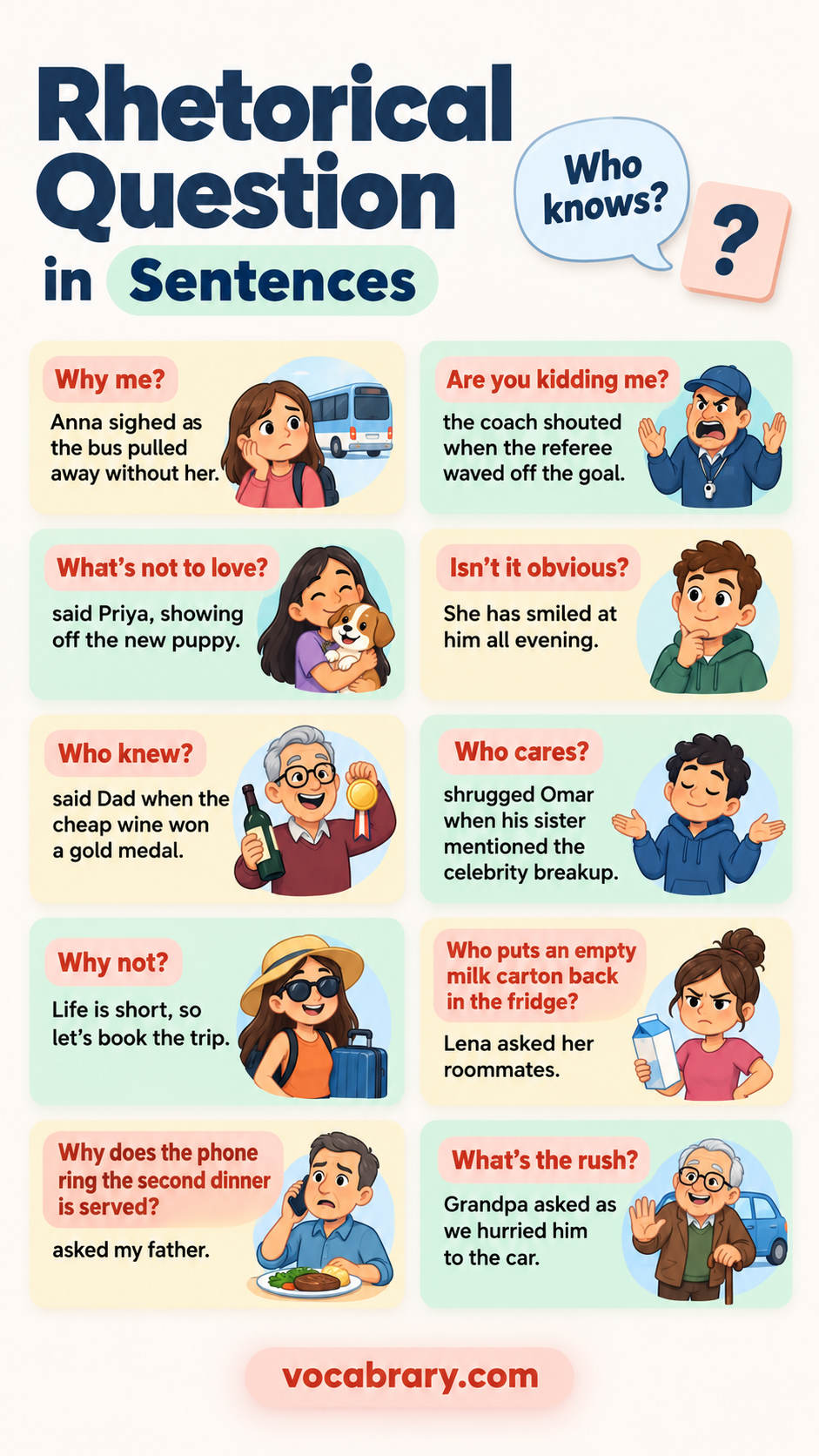 rhetorical question examples featuring rhetorical question forms such as Why me?, Are you kidding me?, What's not to love?