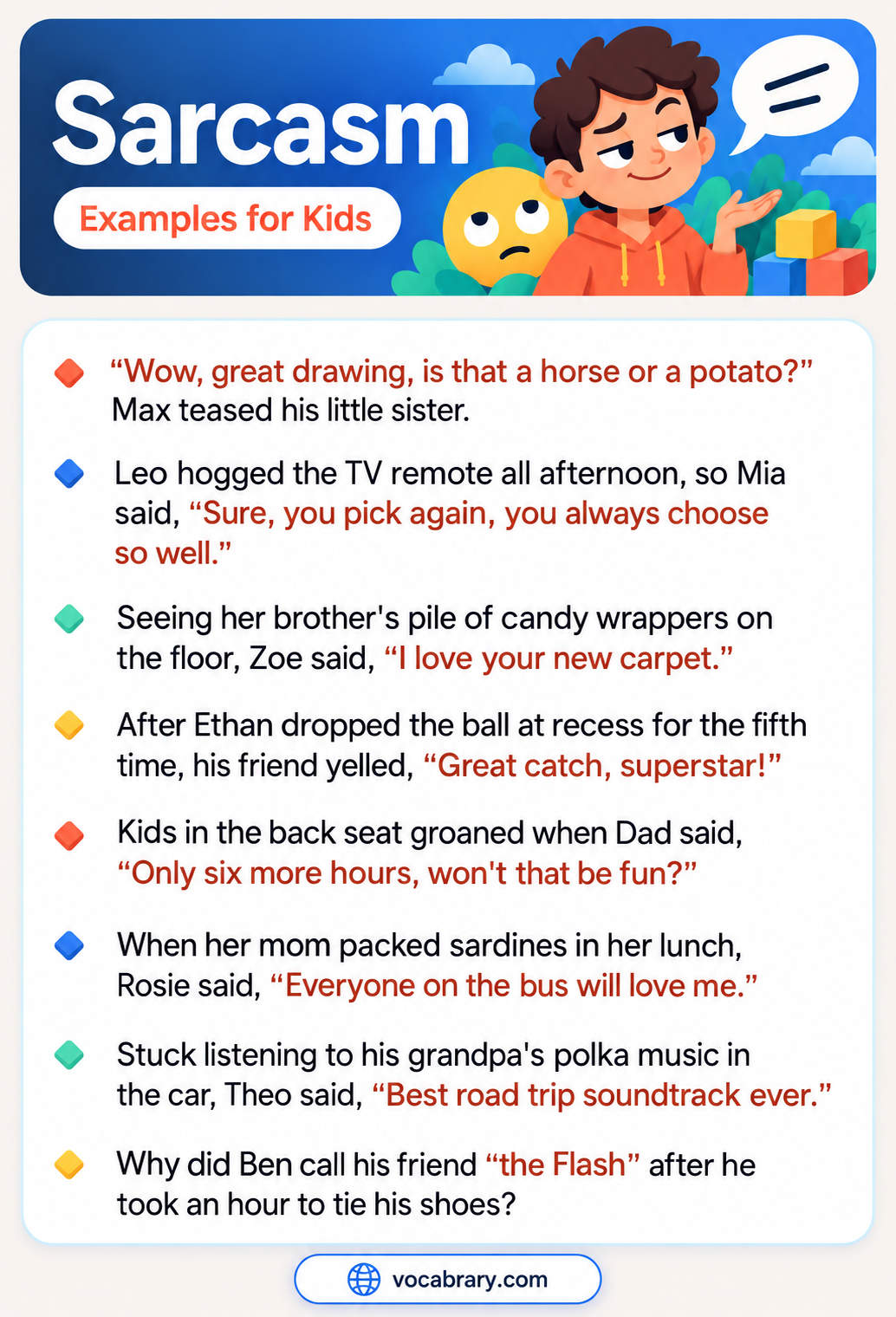 Sarcasm Examples for Kids with a potato drawing, a messy carpet, and sardines for lunch, such as Great catch, superstar