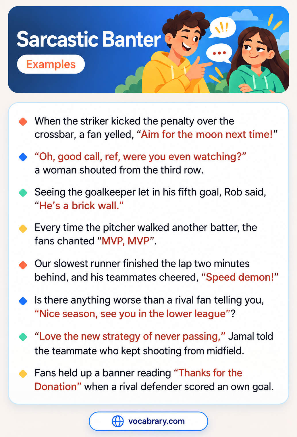 Sarcastic Banter Examples at sports games with a missed penalty, a goalkeeper, and an own goal, such as Aim for the moon next time