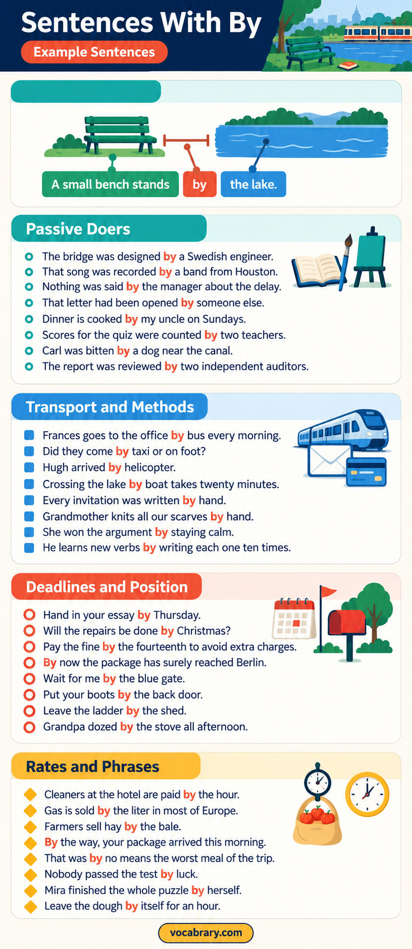 Sentences with by show position, transport, and deadlines, as in a bench by the lake.