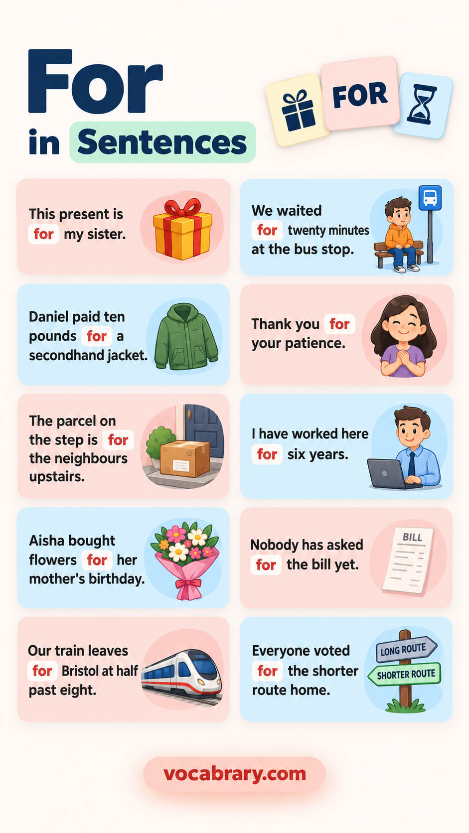 sentences with for with preposition for usage in sentences using for and others