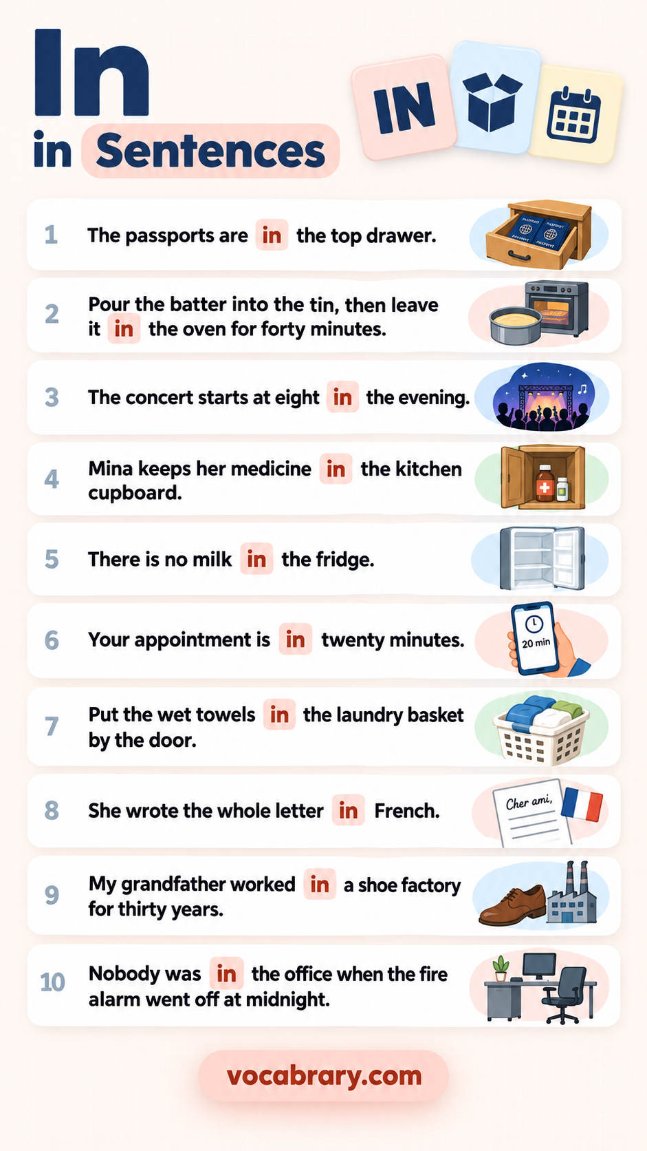 sentences with in with words like in, into, at in real English