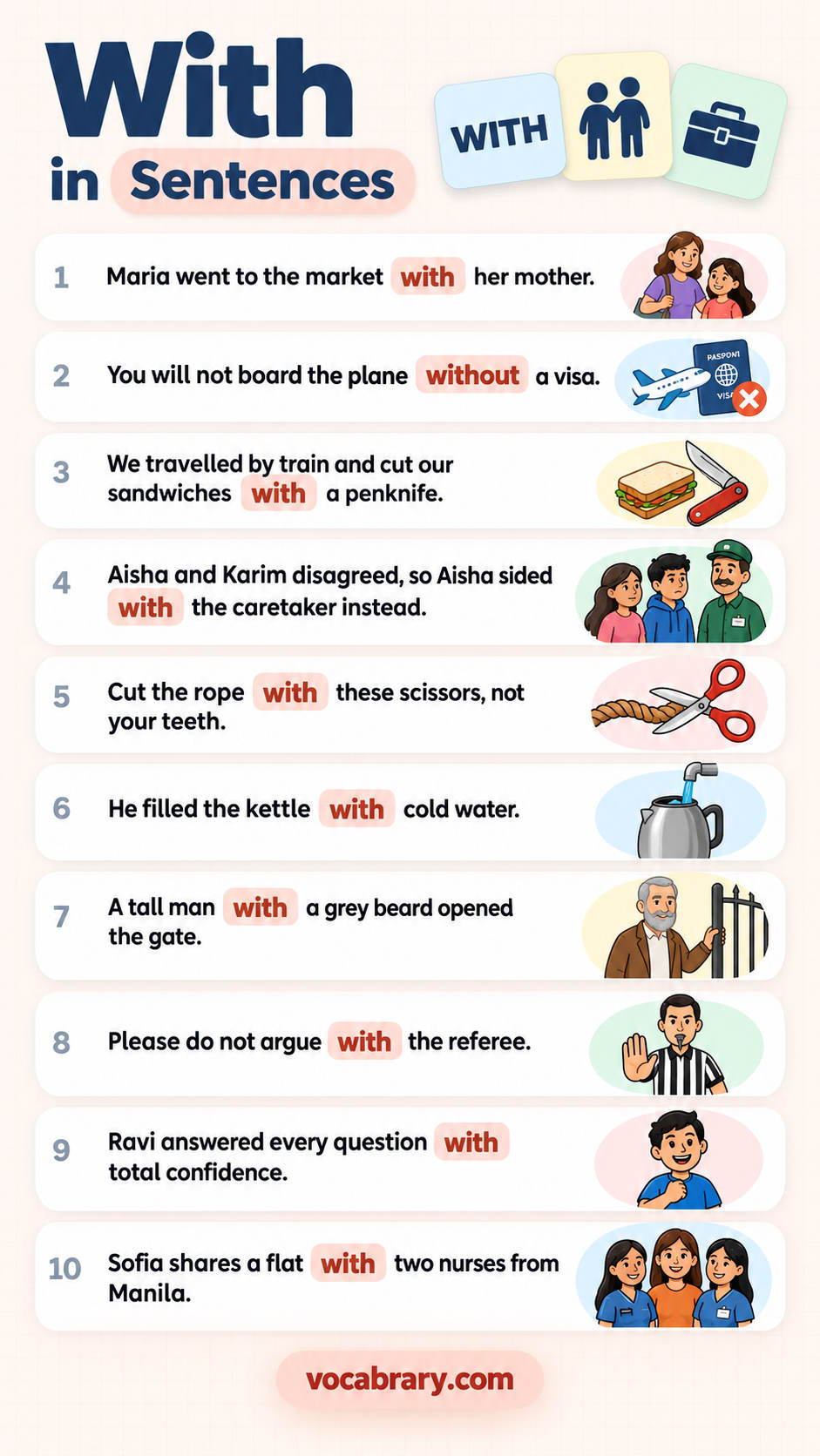 sentences with with in sentences with words like with, without, by for English learners