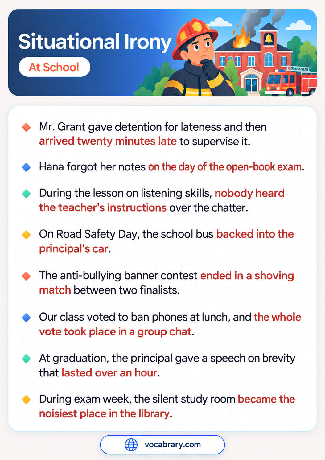 Situational Irony at School with a late teacher, a bus hitting the principal's car, and a long speech on brevity