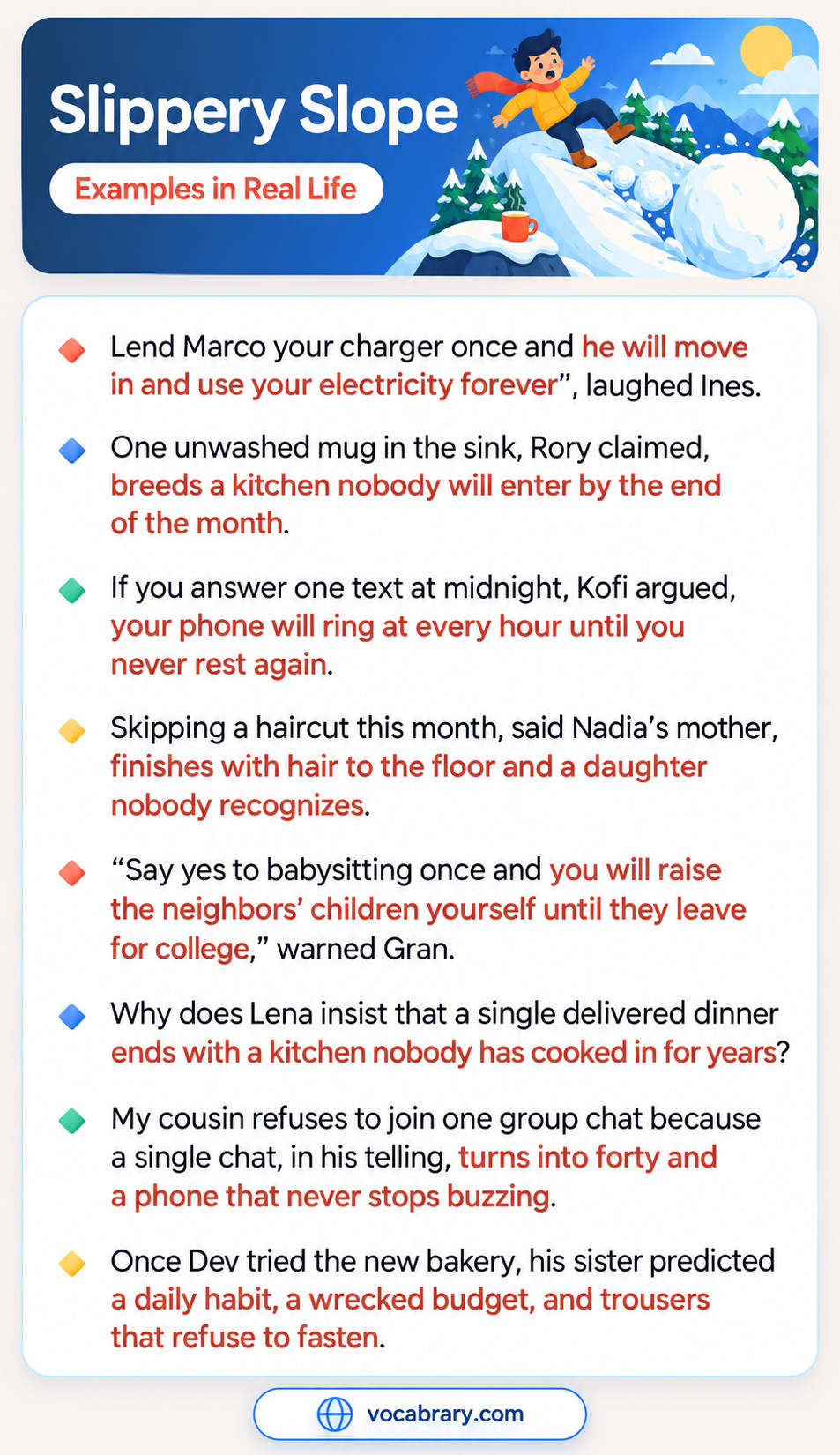 Slippery Slope Examples in Real Life with chargers, mugs, and group chats, such as one lent charger leading to a permanent houseguest