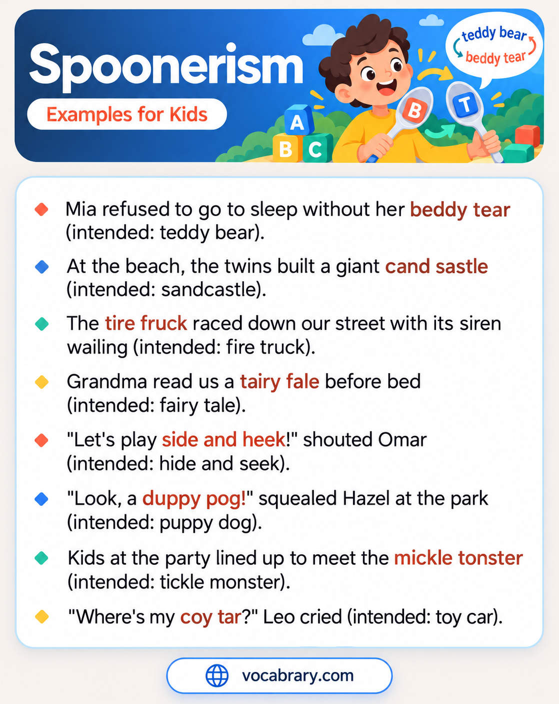 Spoonerism Examples for Kids with bedtime and playground phrases, such as tairy fale for fairy tale and duppy pog for puppy dog