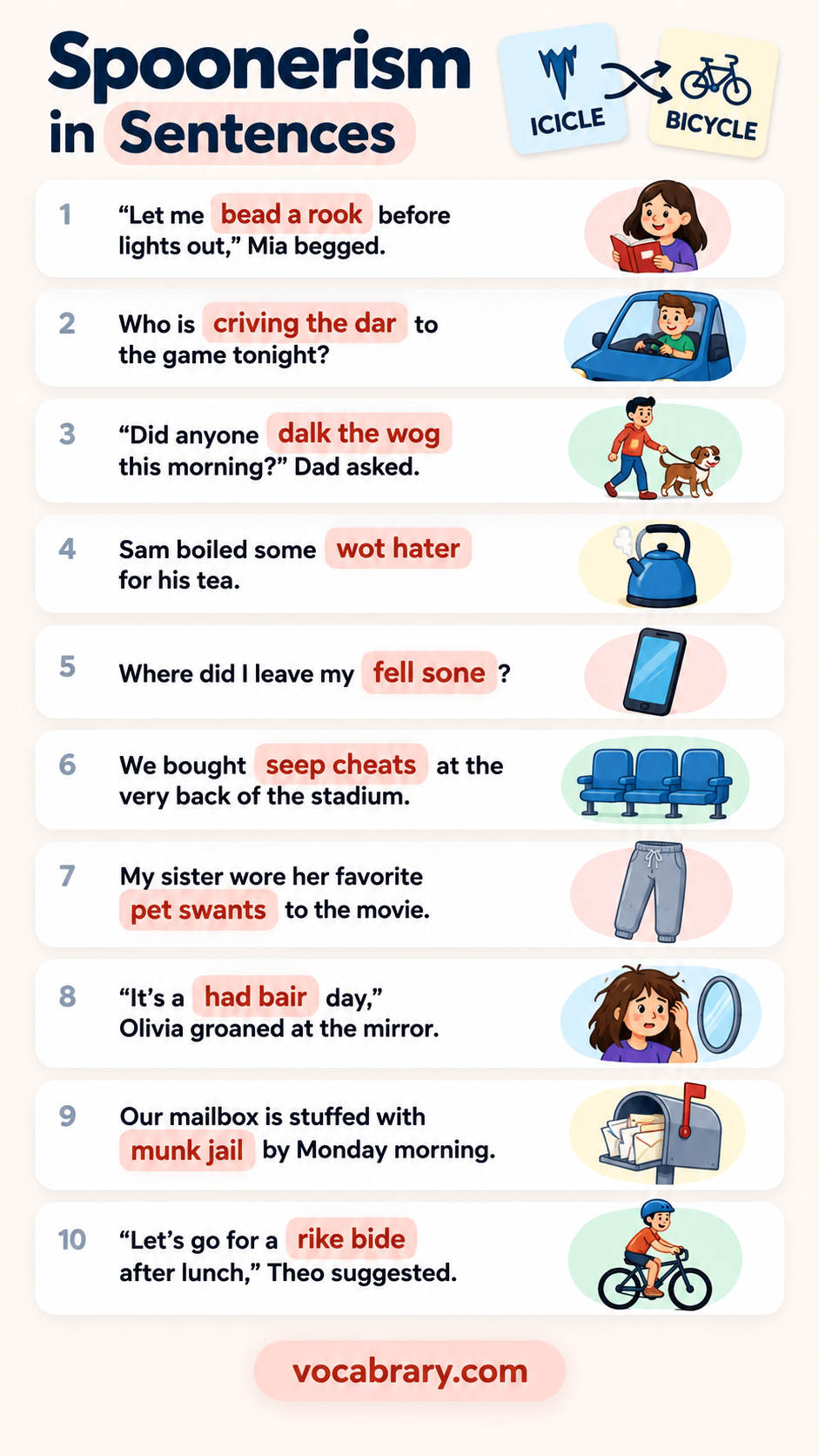 spoonerism examples with words like bead a rook, criving the dar, dalk the wog in real English