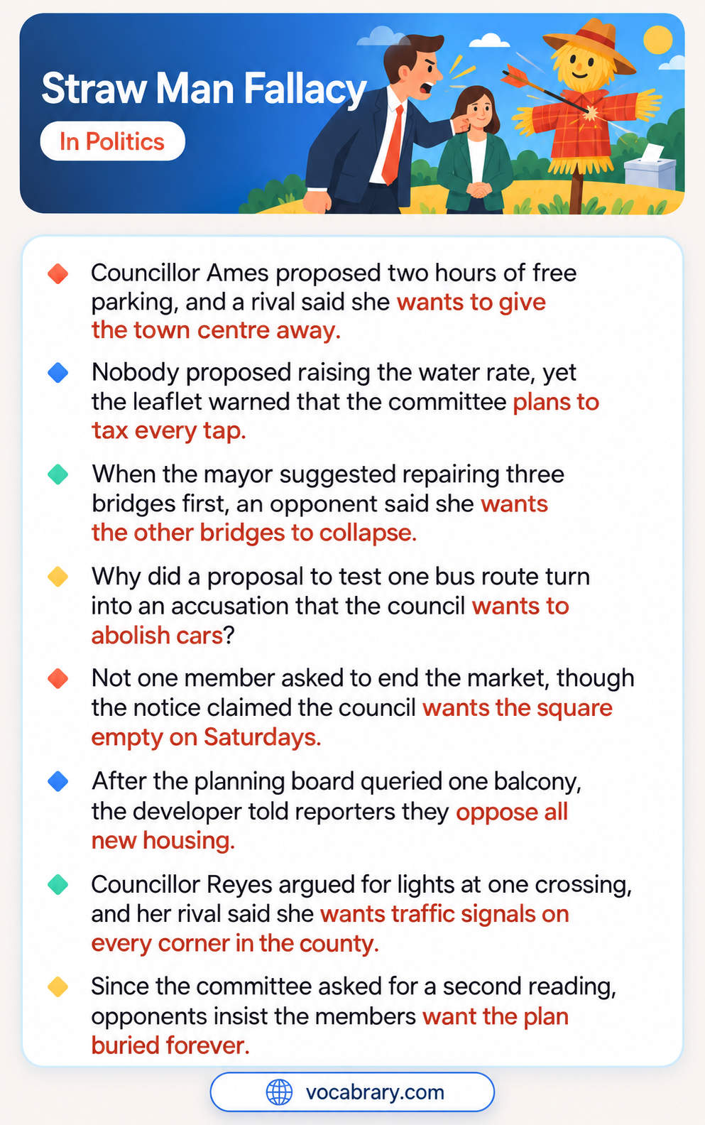 Straw Man Fallacy in Politics with council and committee disputes, such as free parking called a giveaway of the town centre
