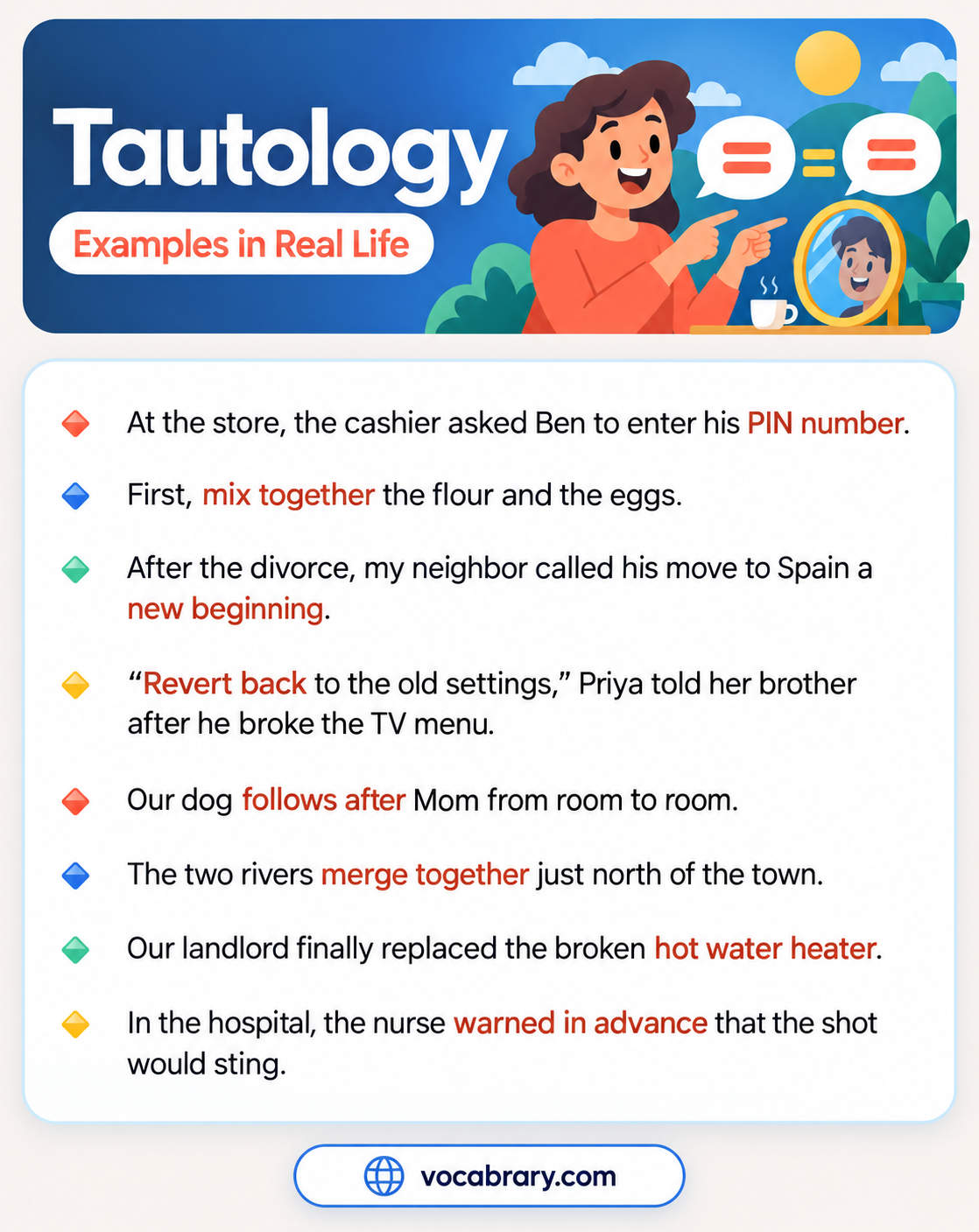 Tautology Examples in Real Life with everyday phrases, such as PIN number, mix together, and hot water heater