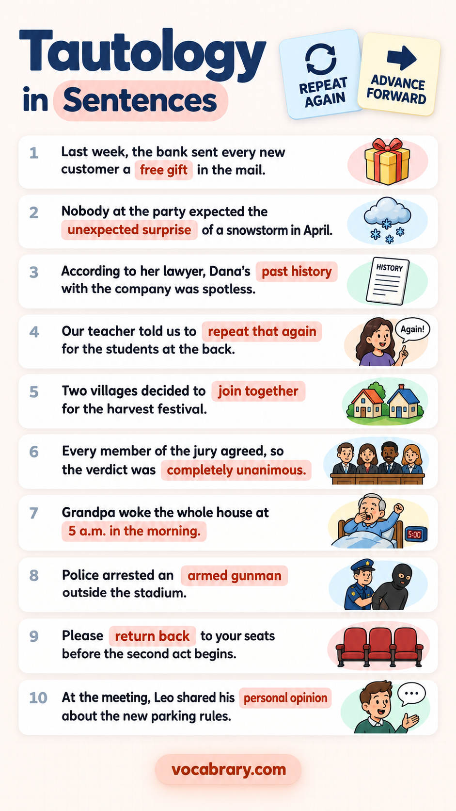 tautology examples showing how each repeated idea works with free gift, unexpected surprise and more
