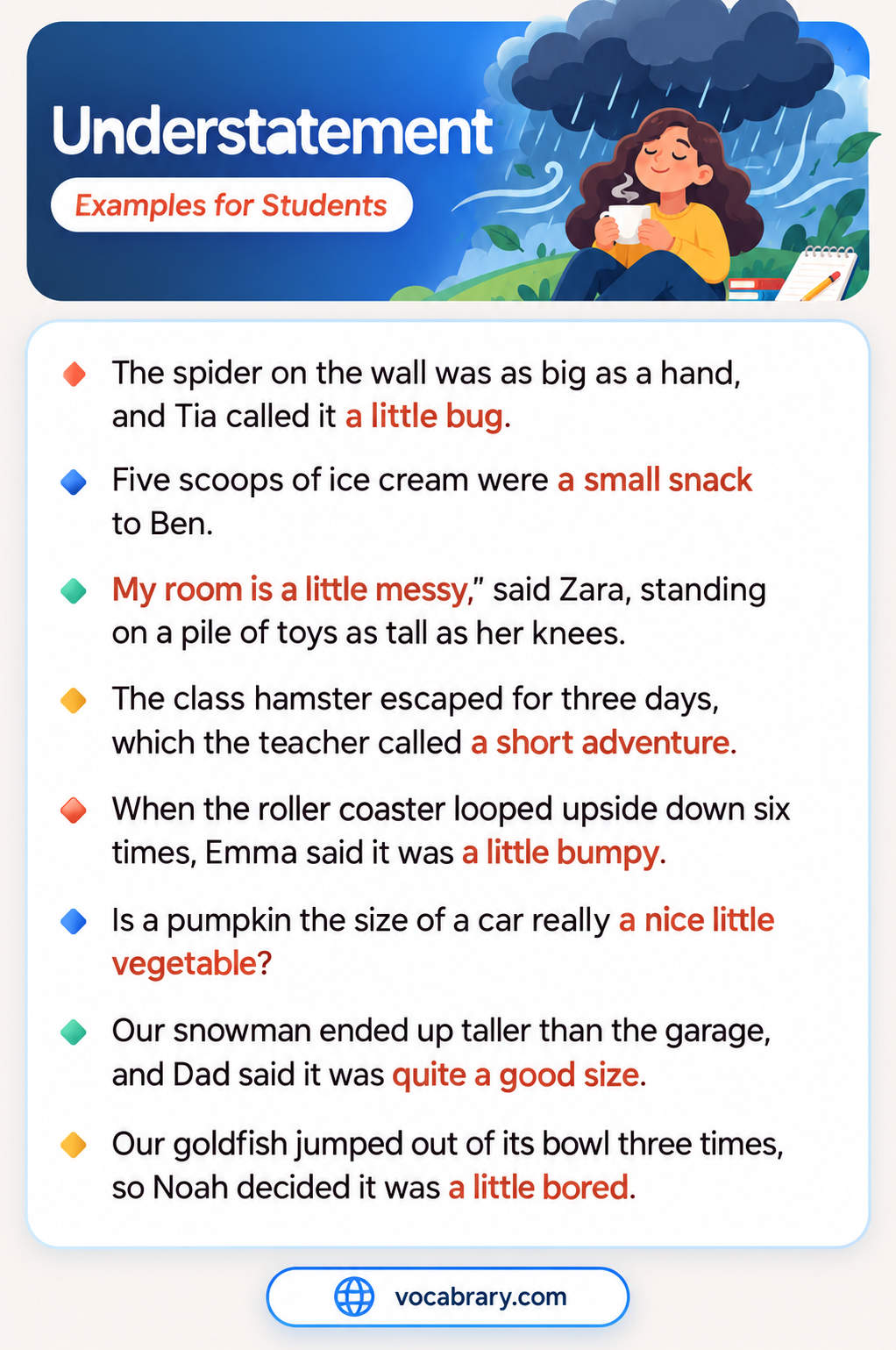 Understatement Examples for Students with playful size remarks, such as a spider as big as a hand called a little bug
