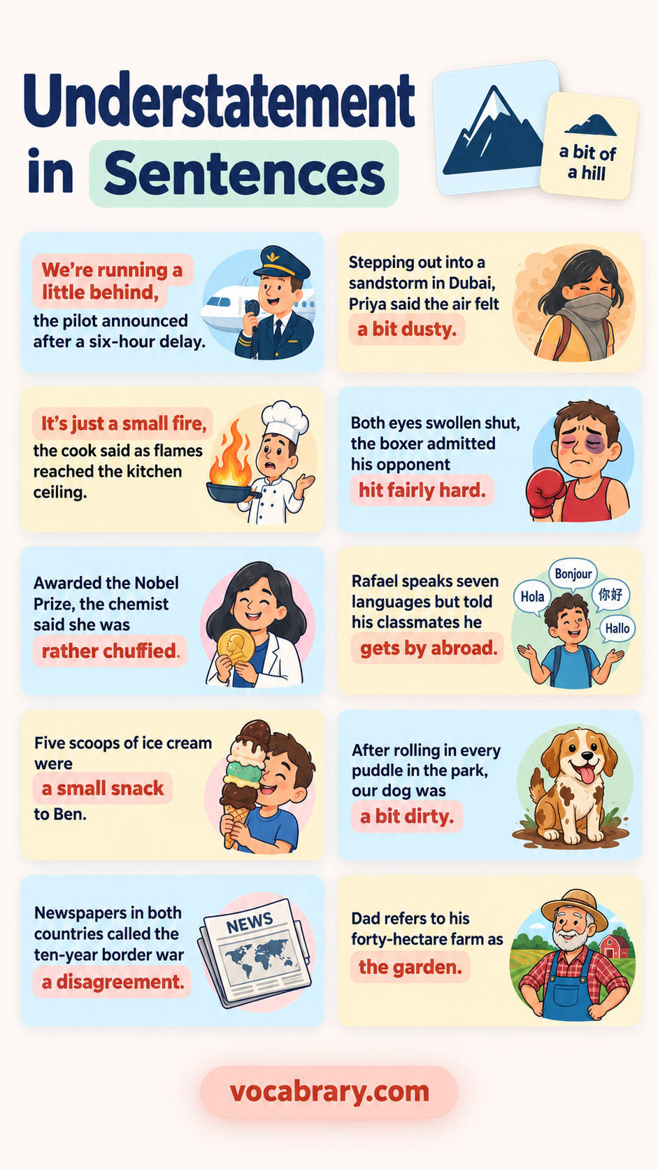 understatement examples sentences featuring understated phrase forms such as We're running a little behind,, a bit dusty, It's just a small fire,