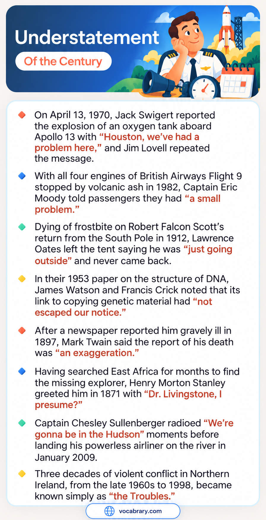 Understatement of the Century with calm remarks from historical moments, such as Captain Eric Moody calling four stopped engines a small problem