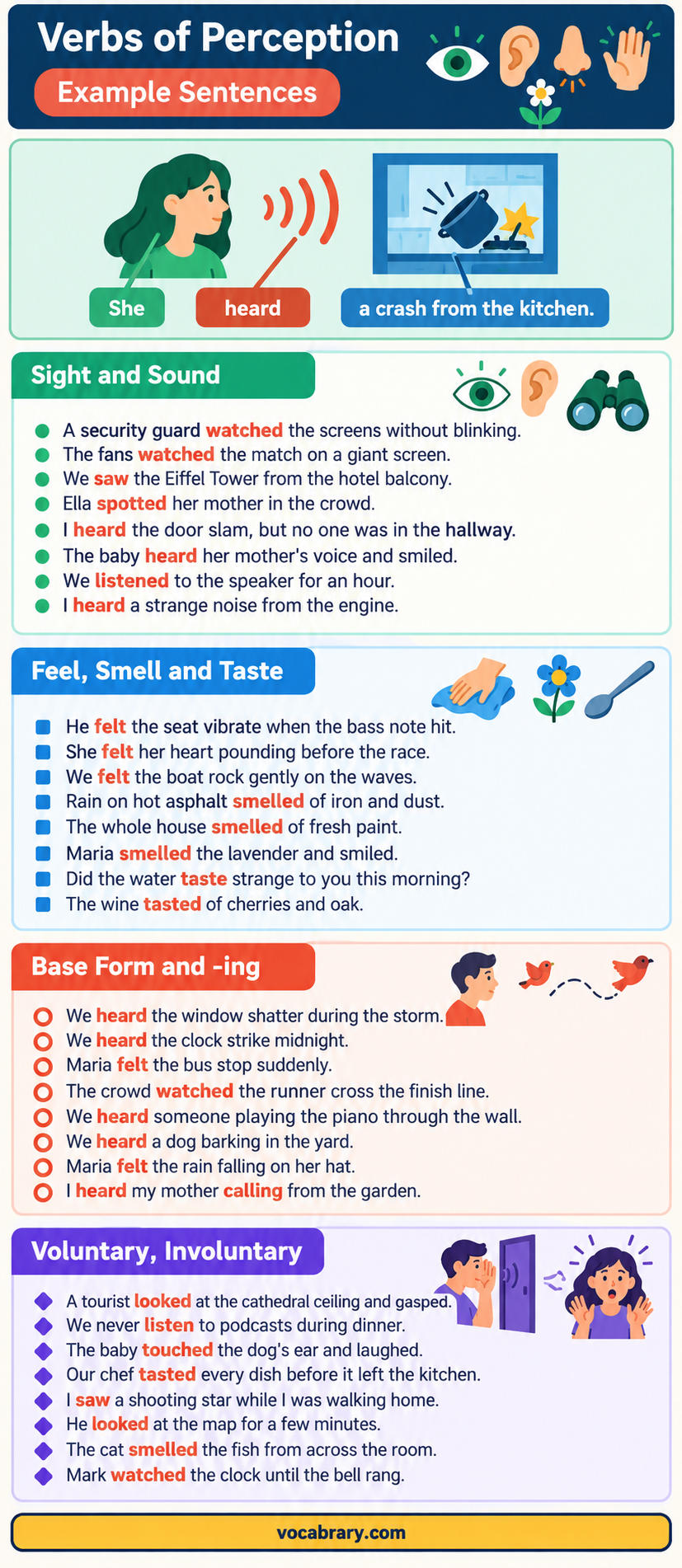 Verbs of Perception Example Sentences show hearing, sight, smell, and taste, as in She heard a crash from the kitchen.