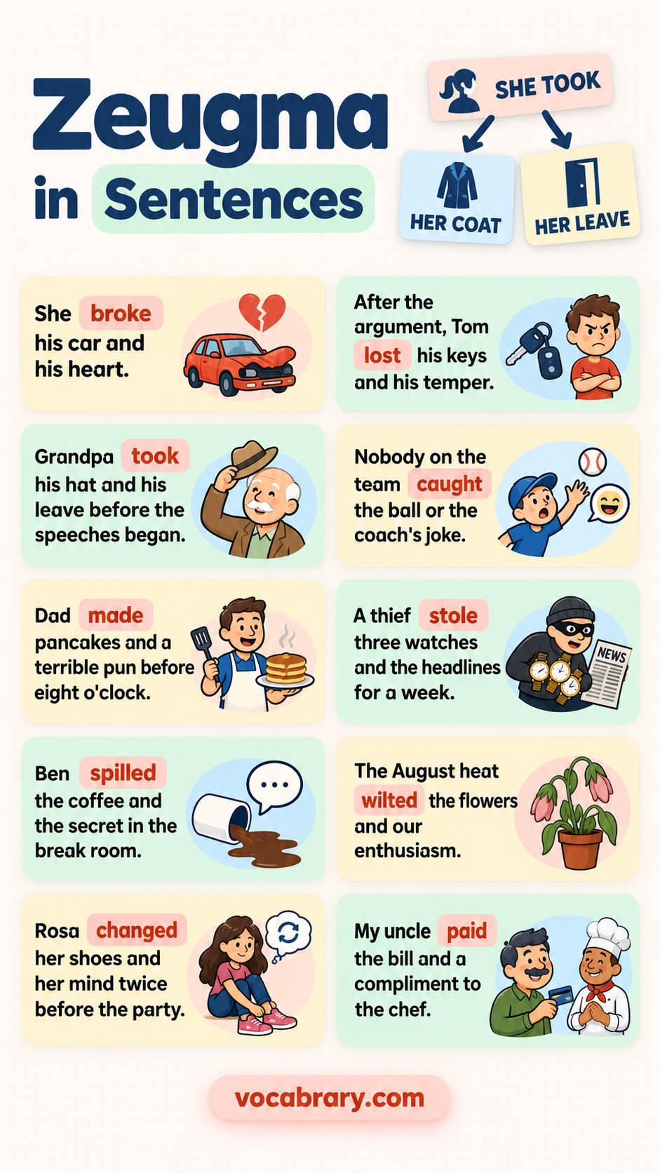 zeugma examples featuring shared verb forms such as broke, car, heart